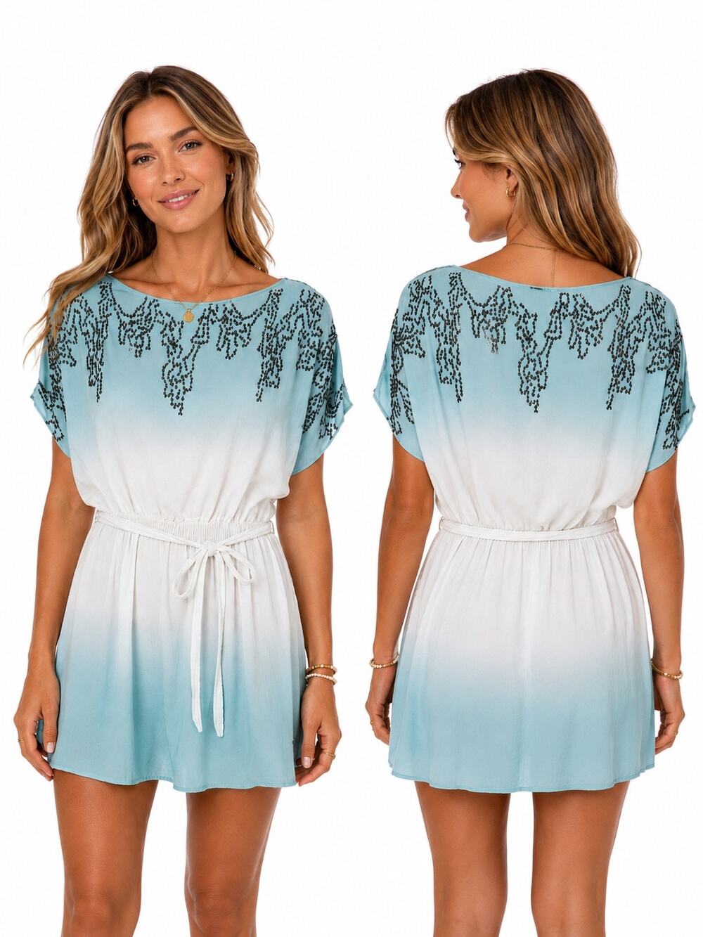 NWT Letarte Women’s Medium White Ocean Blue Tie Waist Embellished Tunic Dress